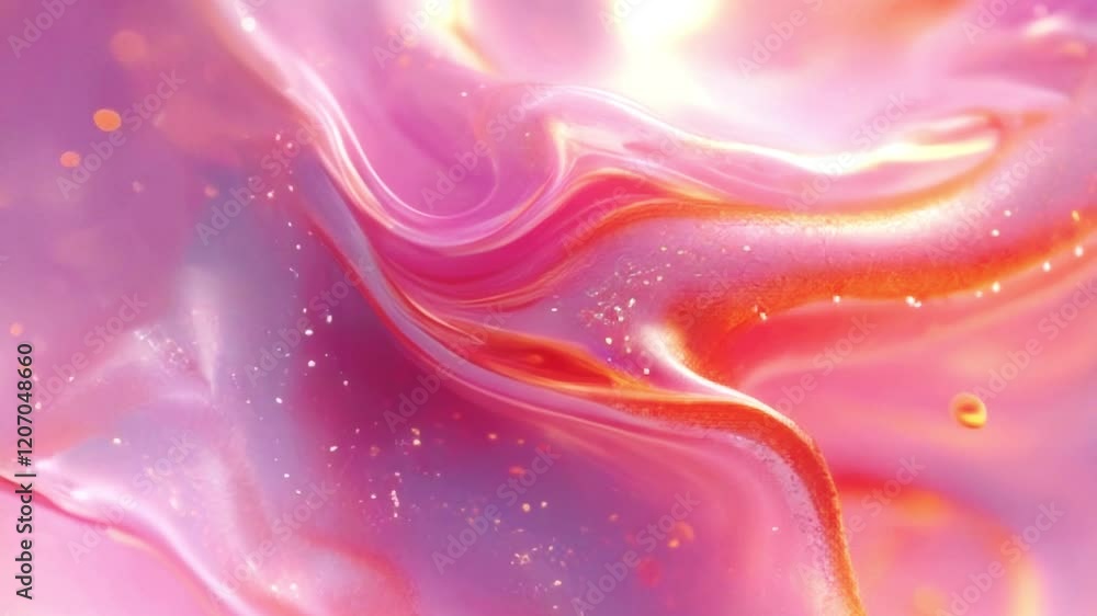 Abstract animation with flowing streams of viscous liquid in pink and gold color scheme. The surface shimmers with mother-of-pearl tones and shimmering particles Abstract animation with flowing streams of viscous liquid in pink and gold color scheme. The surface shimmers with mother-of-pearl tones and shimmering particles