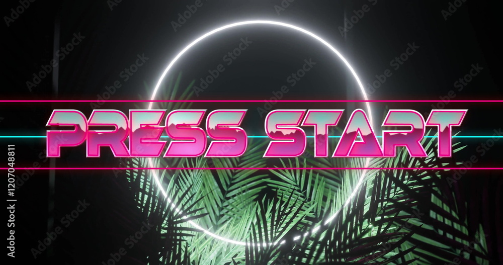Obraz premium Press Start text image over neon circle and palm leaves background