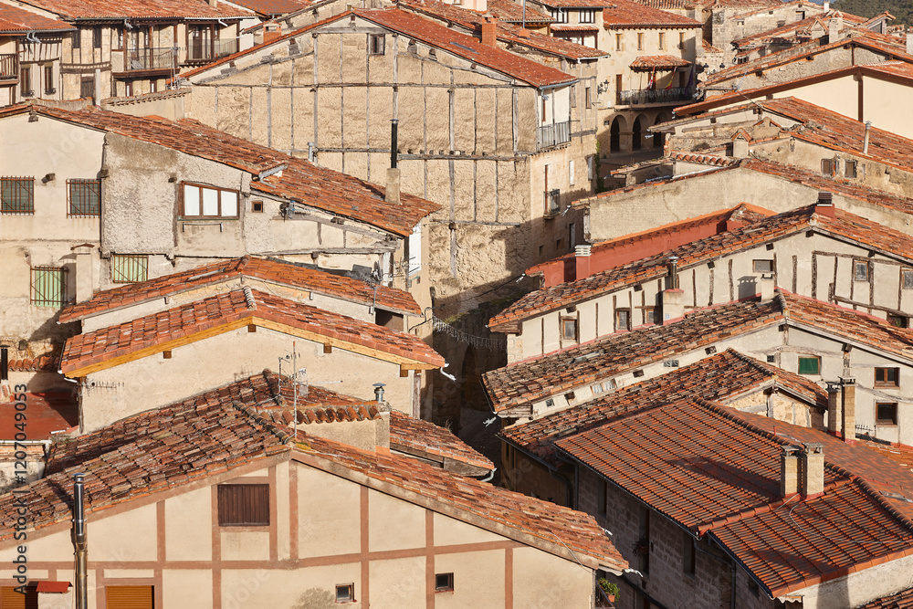 Picturesque medieval village of Frias. Antique tile roofs. Burgos. Spain