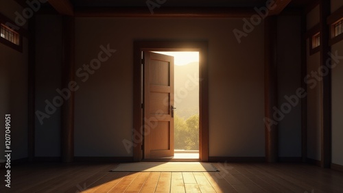 The dim glow filtering through evokes a sense of anticipation and peace, reminiscent of the introspective nature of Zazen sessions.