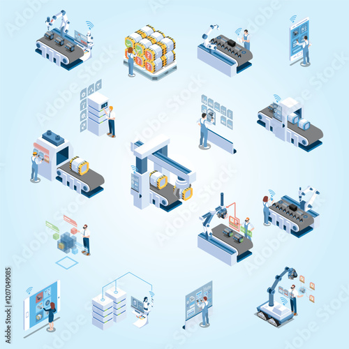 Smart industry with robotized manufacturing remote control and production data center isometric icons isolated
