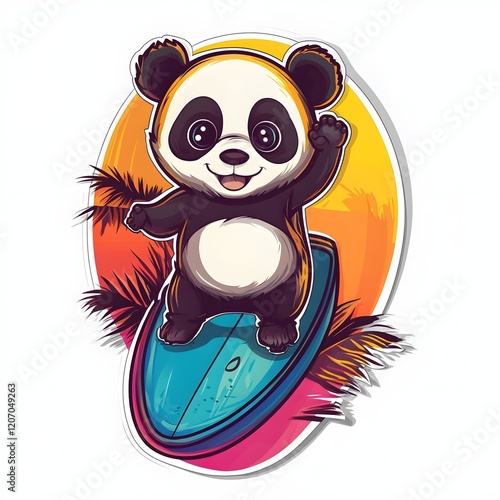 Paddle board, Sticker, Happy, Warm Colors, Cute Panda, Contour, Vector, White Background, Detailed  photo