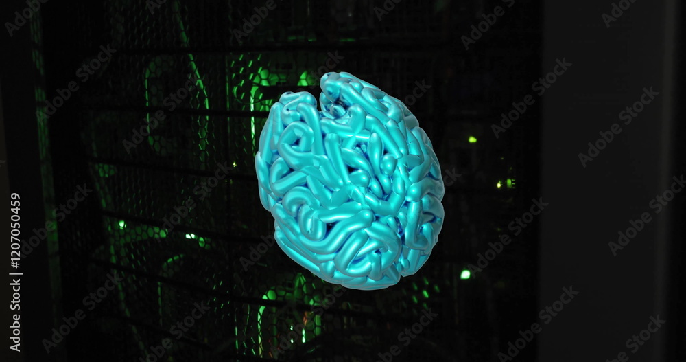 Blue brain model image over dark background with green lights Blue brain model image over dark background with green lights