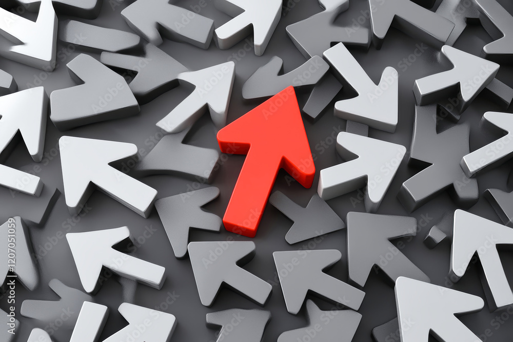 Red arrow stands out prominently among numerous gray arrows, representing progress and achievement Red arrow stands out prominently among numerous gray arrows, representing progress and achievement