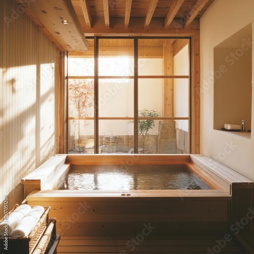 Wooden bathtub in a sunlit ...