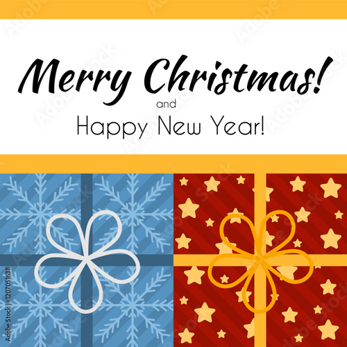 Square banner for Christmas and New Year promotion. Christmas congratulation card with cute gift box on white background. Flat style banner for Christmas sale. Social media and print square banner.