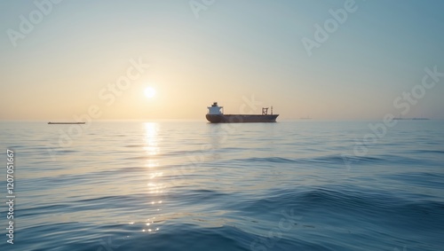 A serene sunset scene with a cargo ship sailing on calm waters, reflecting warm colors in the sky, evoking tranquility and maritime beauty. photo