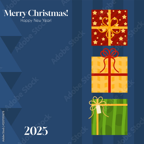 Square banner for Christmas and New Year promotion. Christmas congratulation card with cute gift boxes on blue back. Flat style banner for Christmas sale. Social media and print square banner.
