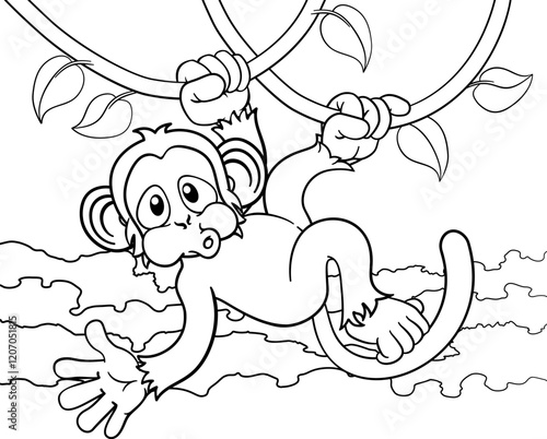 A monkey cartoon character singing on jungle vines and waving