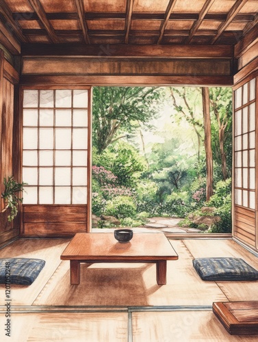 Serene Japanese Room Waterc...