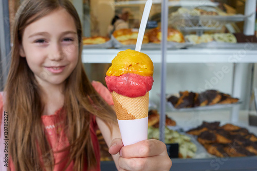 Happy 10-year-old girl holding in her hand a cone with two scoops of strawberry and mango ice cream, red and yellow, with the confectionery shop window behind
