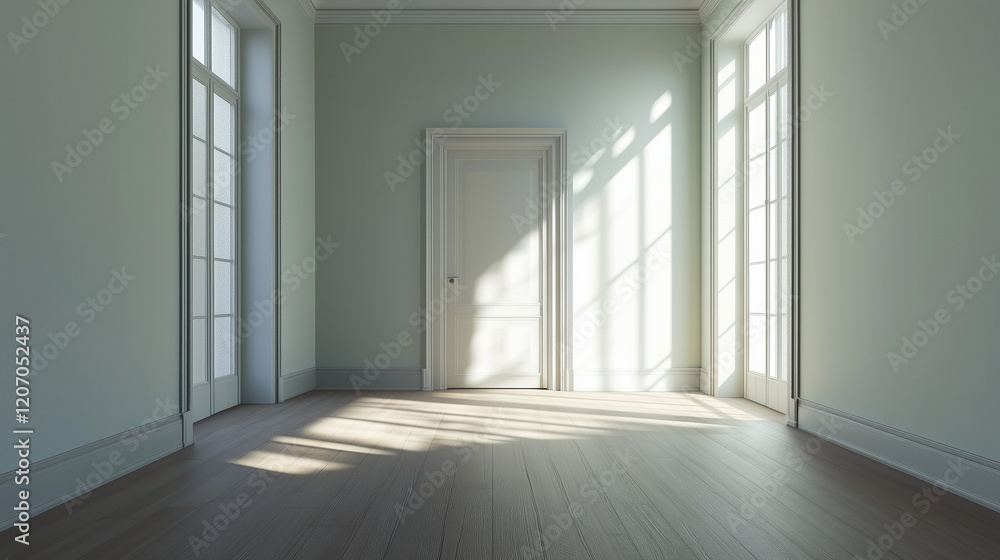 Empty door opened light. Light shining through open door 3D realistic Illustration Empty door opened light. Light shining through open door 3D realistic Illustration