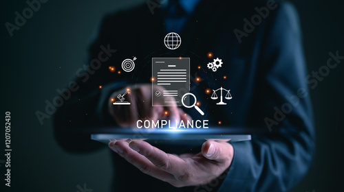 Compliance in business concept. Laws concept. Enforce laws, regulations and standards, comply with business policies, Businessman use tablet with compliance icon on virtual screen.