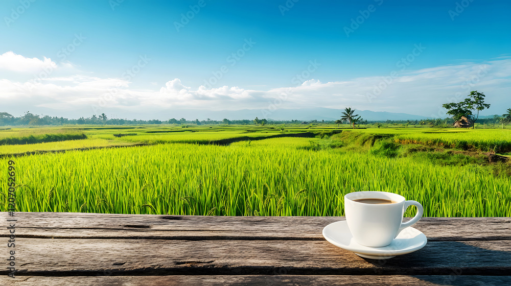 front view of coffee cup on rustic wooden counter with green rice fields extending toward the horizon under clear blue skies, capturing beauty and tranquil essence rural life. front view of coffee cup on rustic wooden counter with green rice fields extending toward the horizon under clear blue skies, capturing beauty and tranquil essence rural life.
