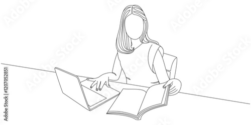 Minimalist Line Art of a Woman Working with a Laptop and Open Book