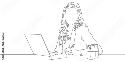 Minimalist Line Art of a Woman Writing Notes While Working on a Laptop