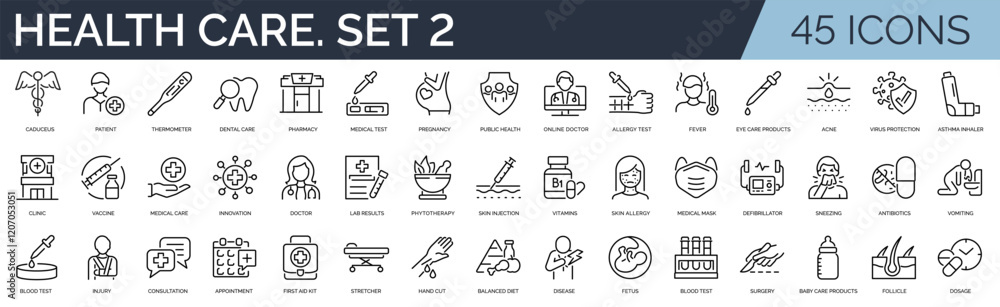 Fototapeta premium Set of 45 outline icons related to health care. Second set. Linear icon collection. Editable stroke. Vector illustration 