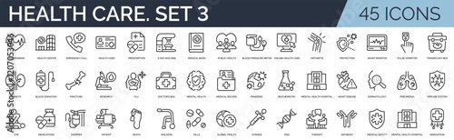 Set of 45 outline icons related to health care. Third set. Linear icon collection. Editable stroke. Vector illustration	