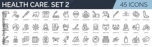 Set of 45 outline icons related to health care. Second set. Linear icon collection. Editable stroke. Vector illustration	