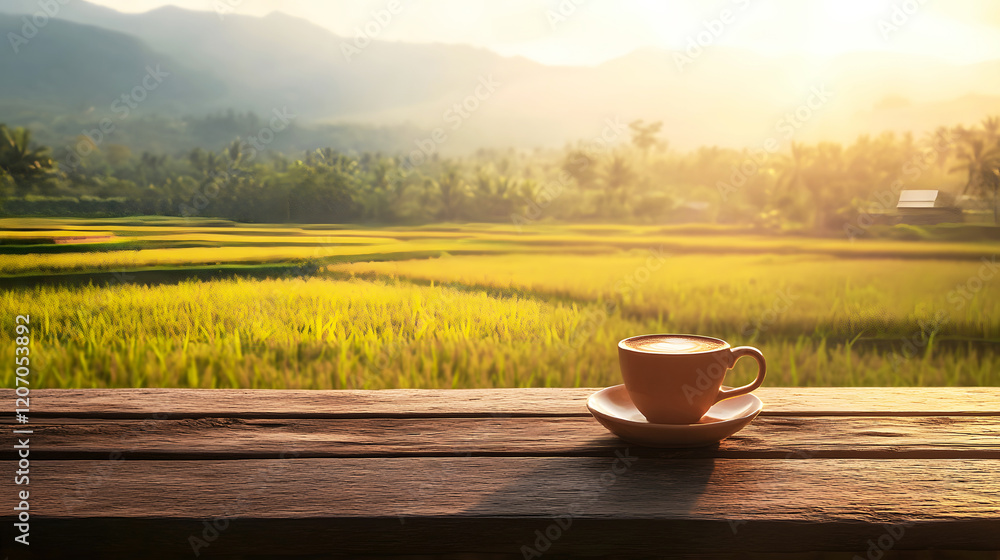 coffee cup placed on weathered wooden counter, with rice fields bathed in warm sunlight and mountains in the distance, creating serene rural landscape that highlights the natural beauty of the scene. coffee cup placed on weathered wooden counter, with rice fields bathed in warm sunlight and mountains in the distance, creating serene rural landscape that highlights the natural beauty of the scene.
