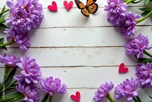 A rustic wooden table adorned with vibrant purple flowers, a butterfly, and a heart, symbolizing love and unity for International Women's Day photo