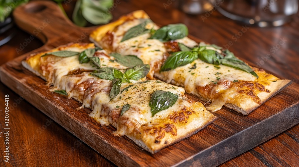 Gourmet pizza slice with melted cheese and fresh basil served on wooden paddle Gourmet pizza slice with melted cheese and fresh basil served on wooden paddle