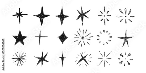 Crayon grunge star, sparkle shine light doodle crayon, pencil texture vector set silhouette in different shapes