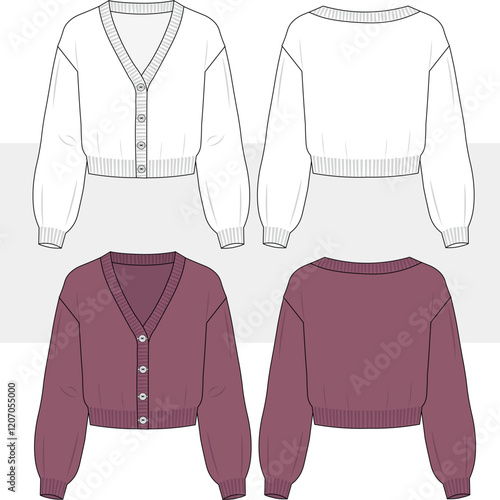 Women's Cardigan  balloon sleeve technical fashion illustration. Flat apparel cardigan template front and back, white colour. Women's CAD mock-up.