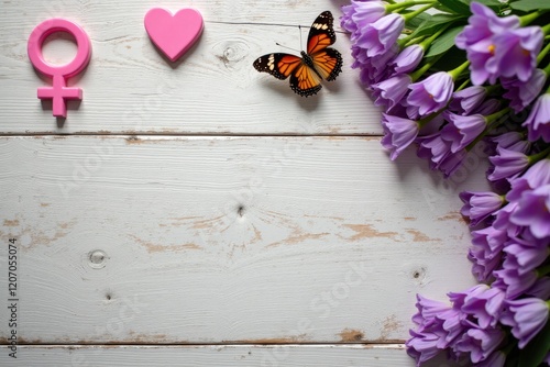 A vintage wooden table with a purple floral arrangement, a female symbol, and a heart, accompanied by a butterfly, celebrating unity and equality on International Women's Day photo