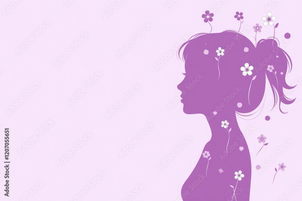 A girl's silhouette with purple hair made of flowers, symbolizing International Women's Day, against a light purple backdrop A girl's silhouette with purple hair made of flowers, symbolizing International Women's Day, against a light purple backdrop