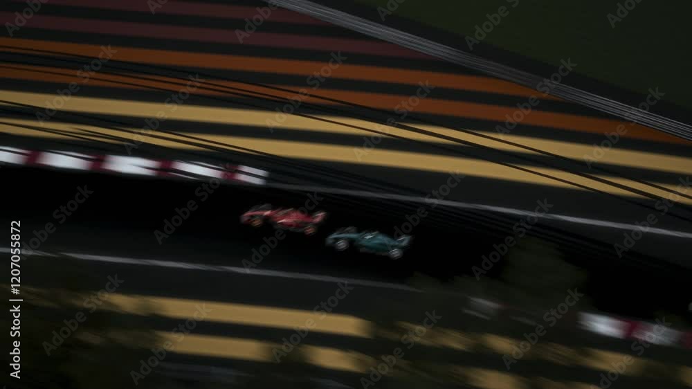 AERIAL High-speed racing action on a track as cars compete during intense race AERIAL High-speed racing action on a track as cars compete during intense race