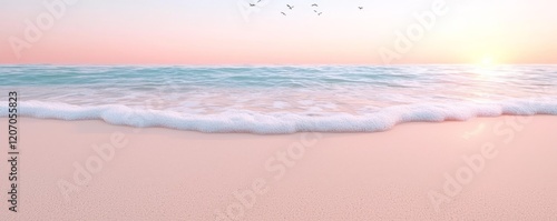 Pastel Beach Sunset Soft Wave Composition, Pink Sand, Tranquil Ocean Scene, Birds in Flight, Digital Art Beach scene, seascape