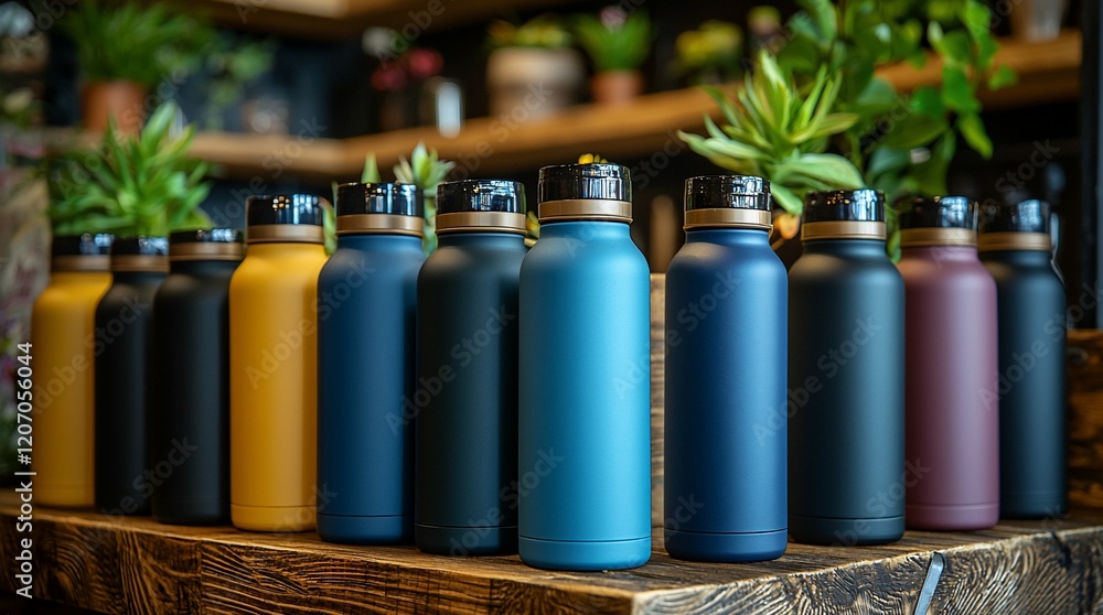 Fototapeta premium Colorful insulated bottles on wooden shelf.