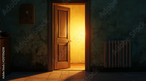 Empty door opened light. Light shining through open door 3D realistic Illustration