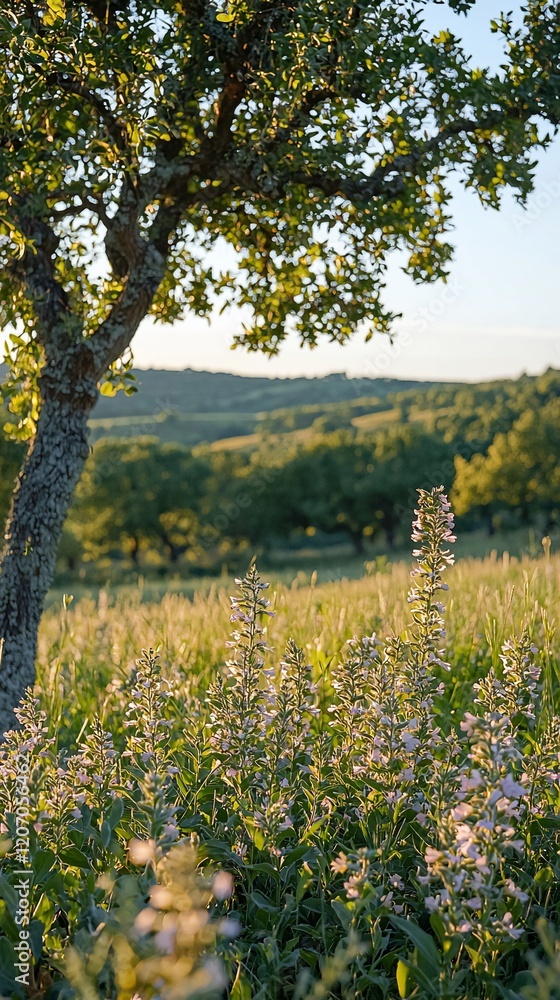 Serene sunset landscape with wildflowers and trees. Serene sunset landscape with wildflowers and trees.
