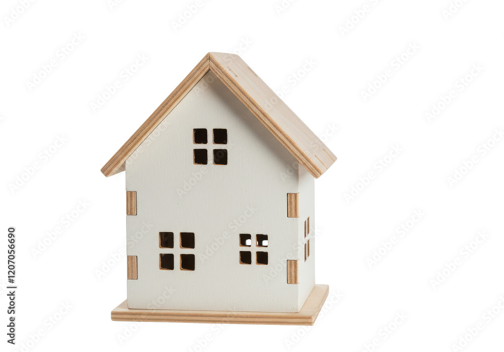 Small white wooden house model with a brown roof isolated on white background Small white wooden house model with a brown roof isolated on white background