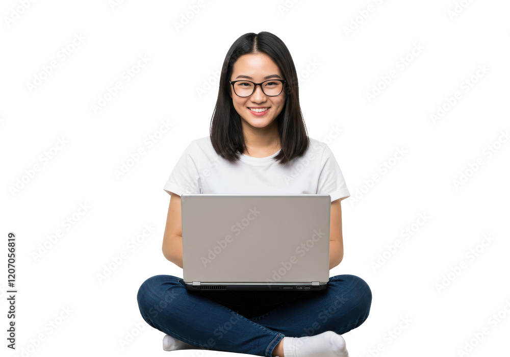 Young woman with glasses sitting on a white sofa using a laptop, casual outfit, isolated on white background Young woman with glasses sitting on a white sofa using a laptop, casual outfit, isolated on white background