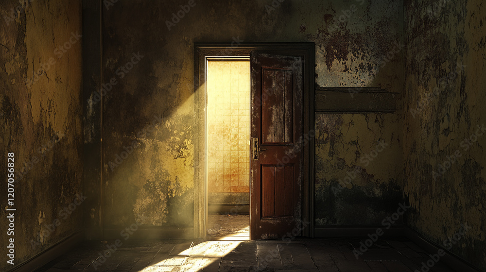 Empty door opened light. Light shining through open door 3D realistic Illustration Empty door opened light. Light shining through open door 3D realistic Illustration
