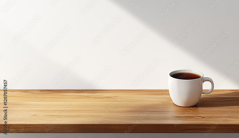 A cup of tea on a wooden table against a white wall. A cup of tea on a wooden table against a white wall.