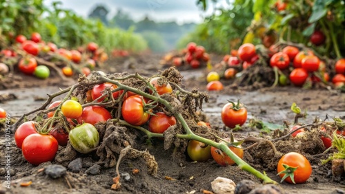 A sprawling tomato plant covered in dust and debris after a storm, vine, garden, foliage, weather photo