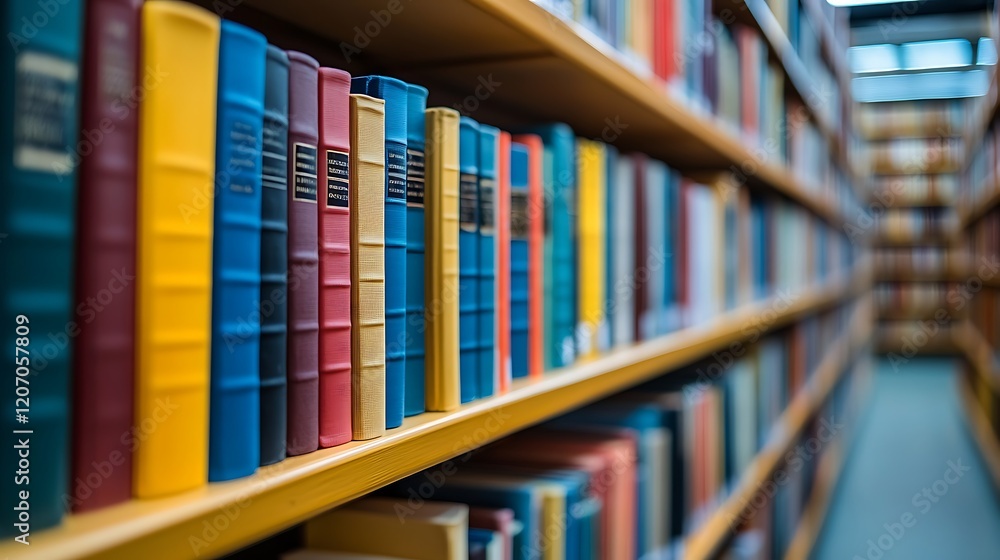 Fototapeta premium A library wall filled with colorful books with wooden shelf