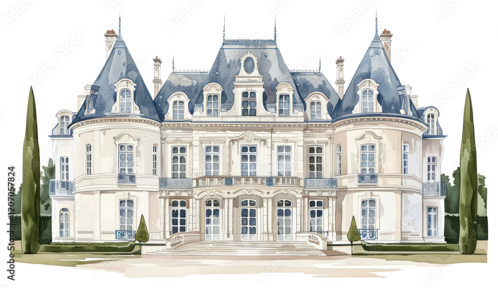 PNG Elegant French chateau watercolor illustration PNG Elegant French chateau watercolor illustration