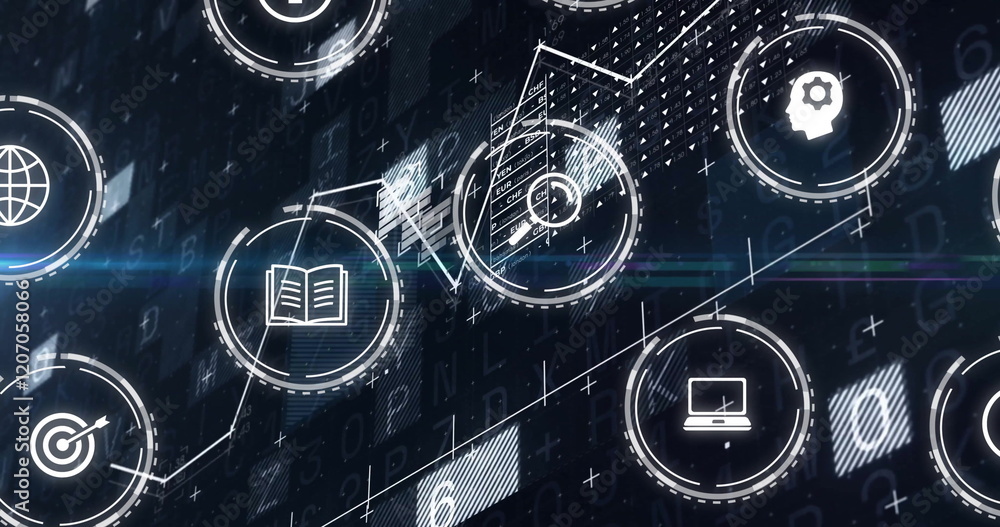 Fototapeta premium Image of business icons over data processing on black background