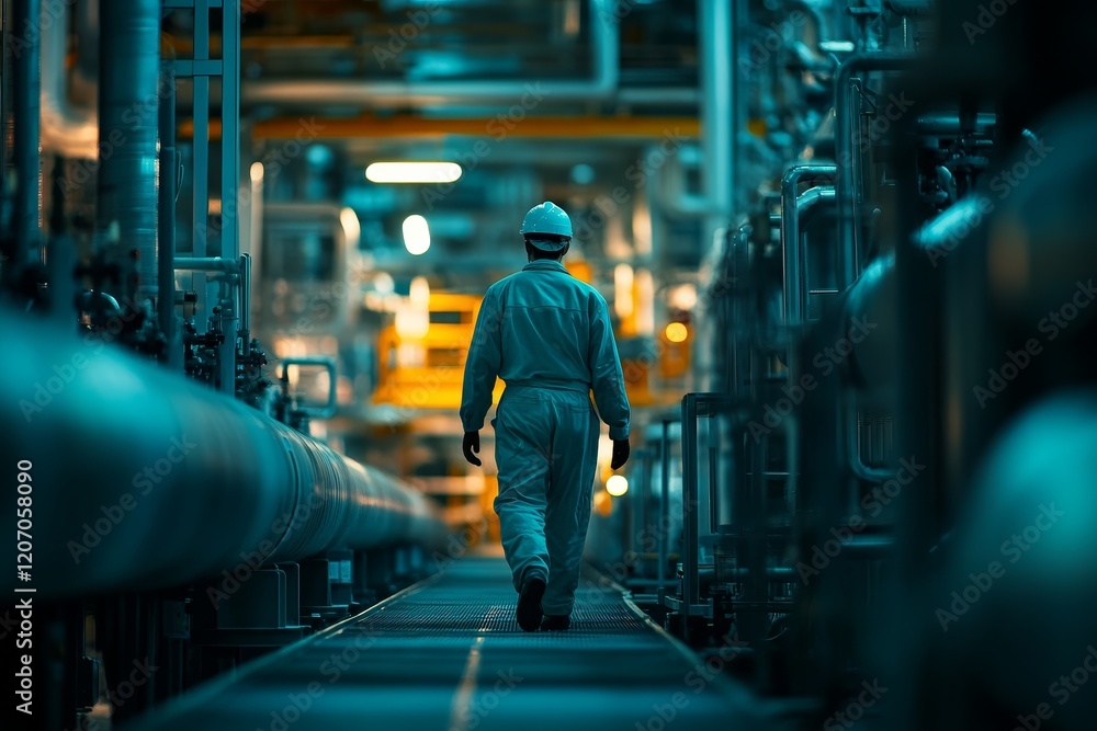 Obraz premium Industrial worker walking through refinery.