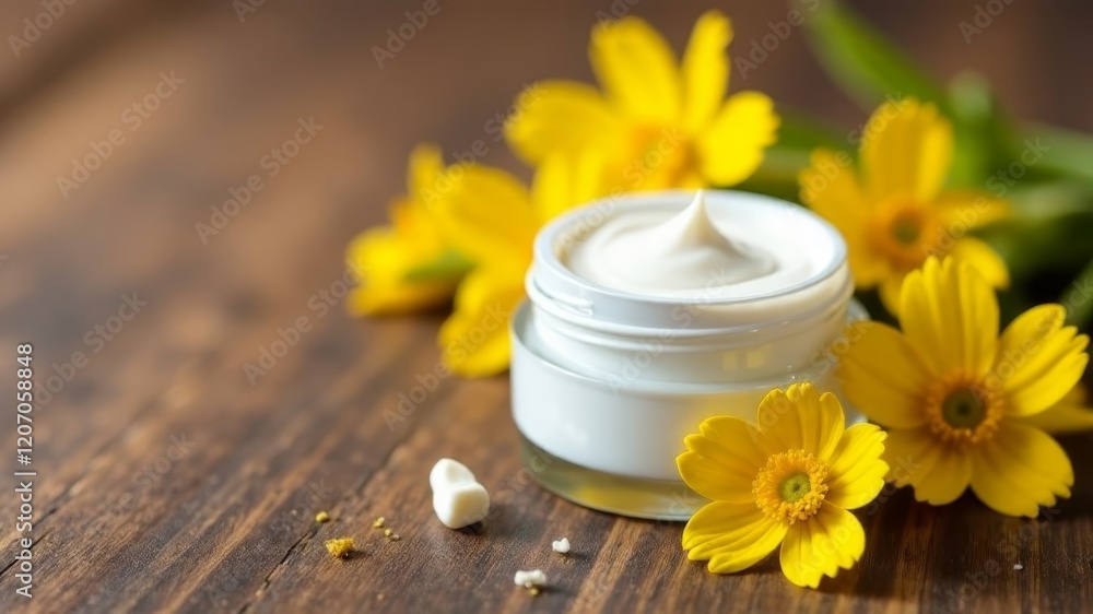 white cosmetic cream in a jar on a wooden stand decorated with yellow flowers