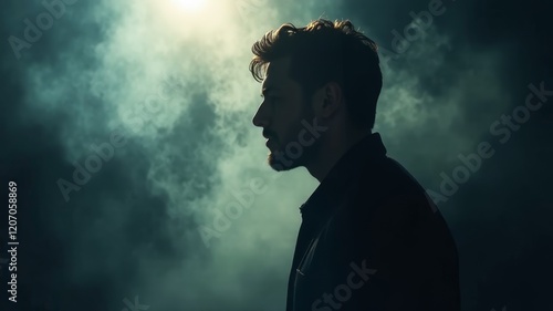 silhouette of a man's face from the side in a dark room with smoke