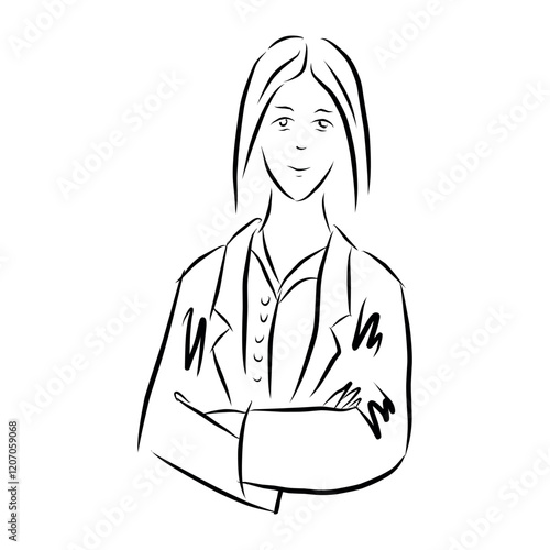 Drawing of a woman doctor with her arms folded on her chest, wearing a robe. Minimal illustration with simple lines.