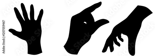 Hand gesture silhouette. Cartoon human sign, peace, okay, call position. Set of flat vector illustrations of palm gestures Vector collection of human hands with various gestures, Black hand silhouette