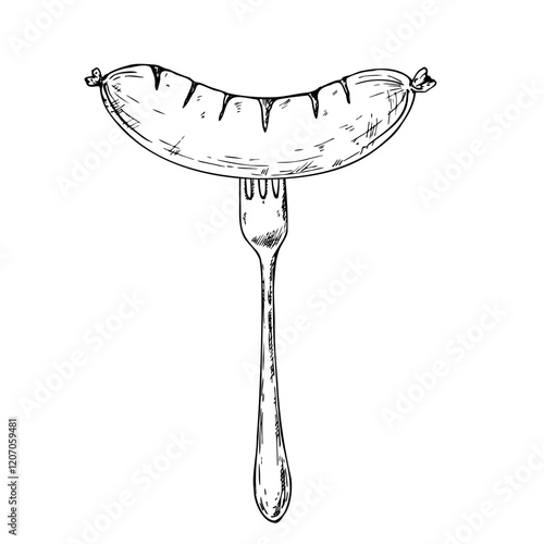 Vector grilled sausage on fork. Graphic German bratwurst illustration isolated on background. Hand drawn line sketch. For designers, prints, postcards, wrapping paper, icon, octoberfest, holiday