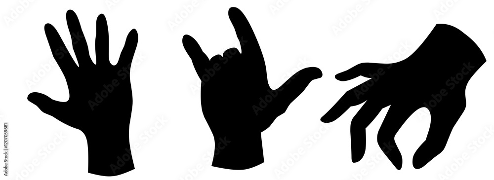 Hand gesture silhouette. Cartoon human sign, peace, okay, call position. Set of flat vector illustrations of palm gestures Vector collection of human hands with various gestures, Black hand silhouette Hand gesture silhouette. Cartoon human sign, peace, okay, call position. Set of flat vector illustrations of palm gestures Vector collection of human hands with various gestures, Black hand silhouette